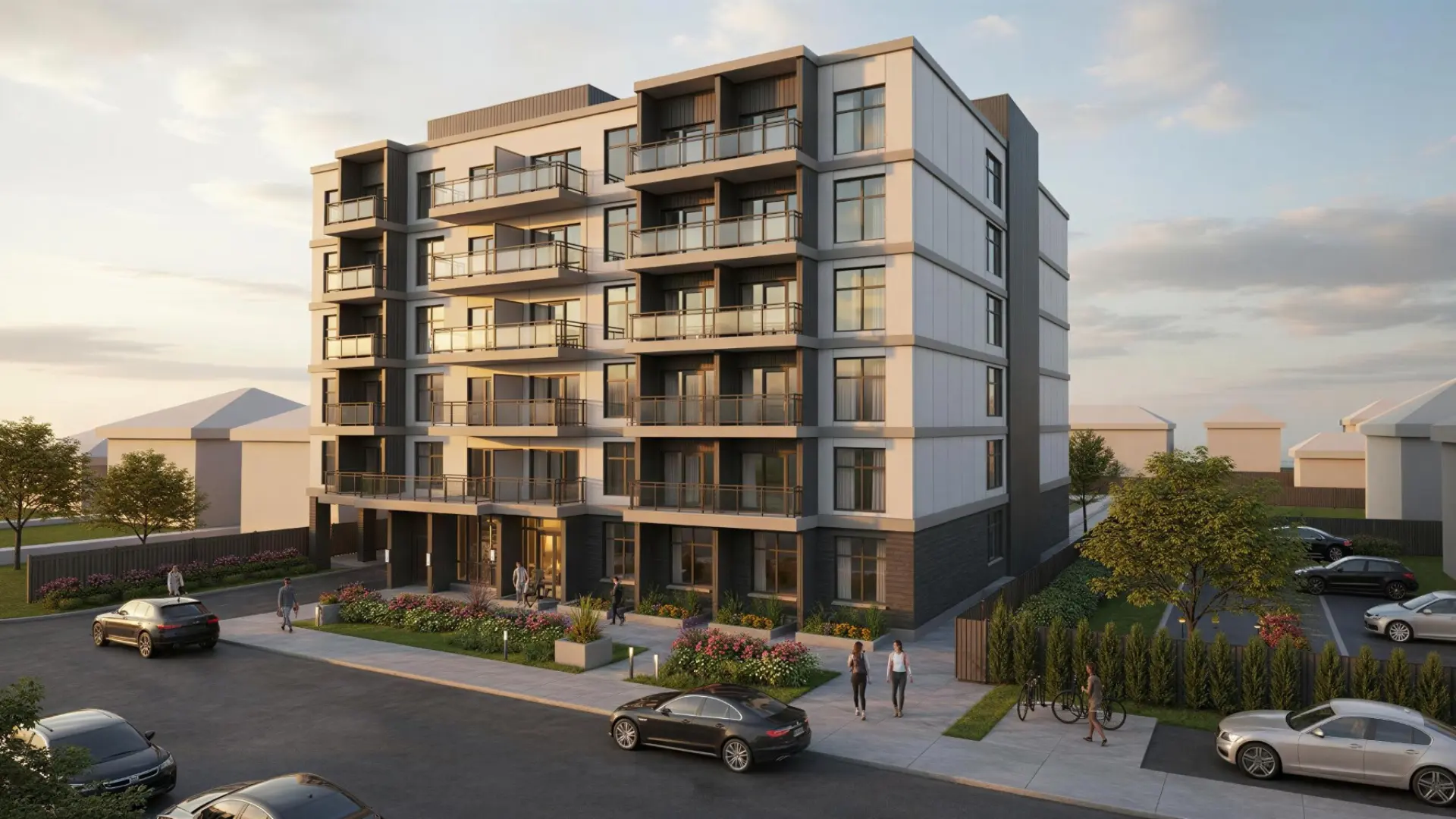 Exterior rendering of Mandevilla Apartments, a six-storey mid-rise rental building in Ottawa, showing landscaped entrance and street-level view at dusk
